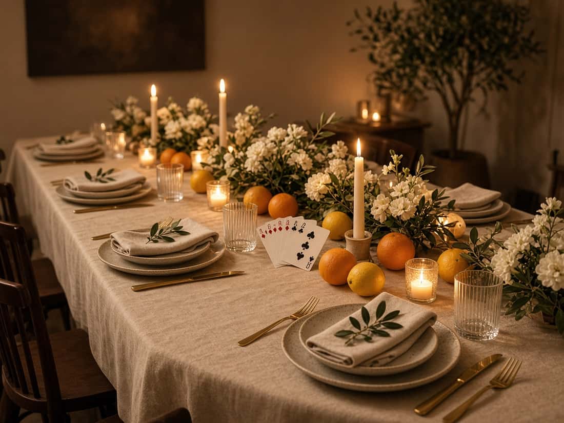 Mesa longa posta com linho, citrinos, velas e um leque de cartas