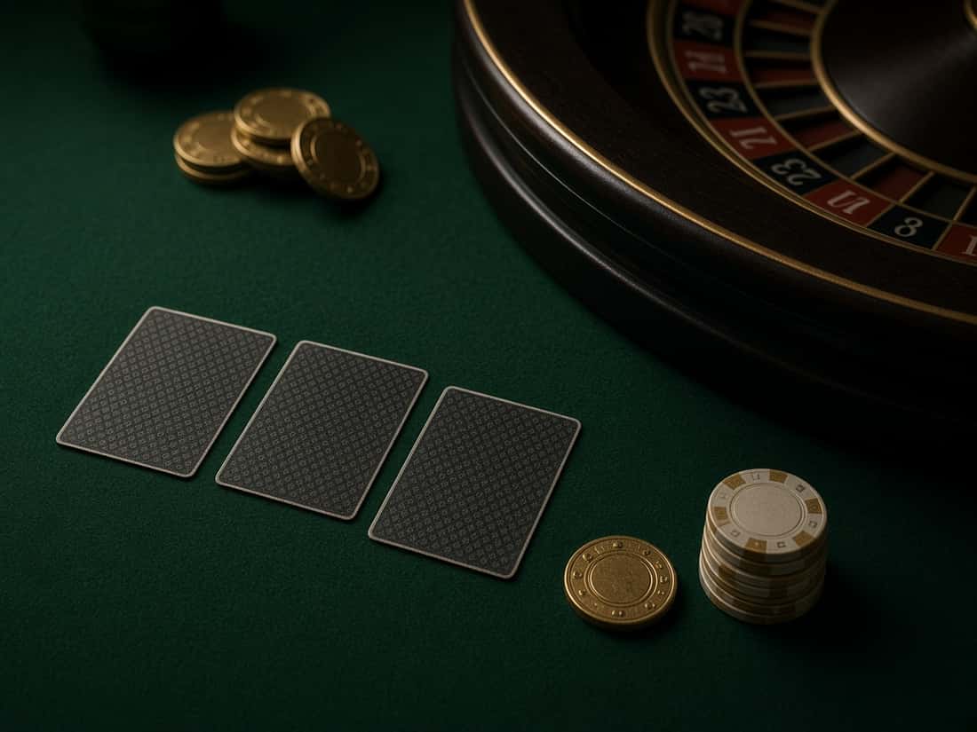 Cartas viradas, fichas e o bordo de uma roleta sobre feltro verde